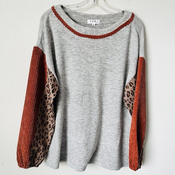 THML Sweaters - THML Leopard Orange Corduroy Sleeve Color Block Sweater Sz M